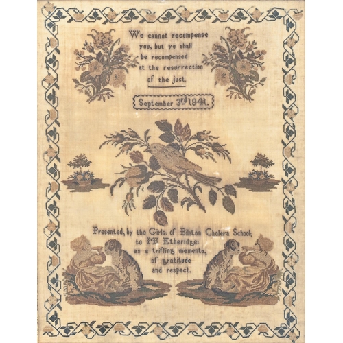 963 - An early Victorian linen testimonial sampler, Presented by the girls of Bilston Cholera School to Mr... 