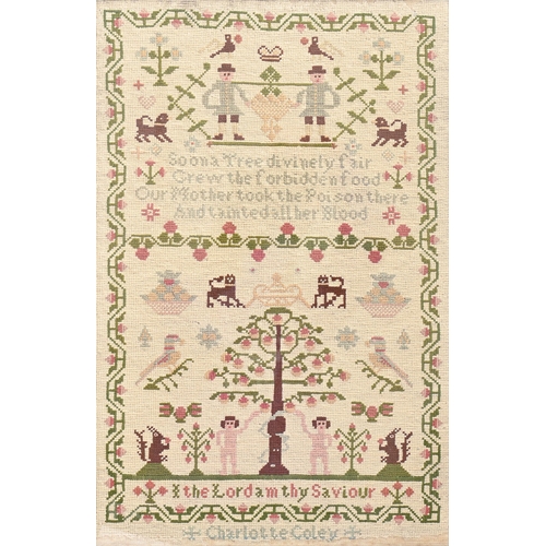 964 - A Victorian wool sampler, Charlotte Coley, worked with Adam and Eve and the Tree of Knowledge, two m... 