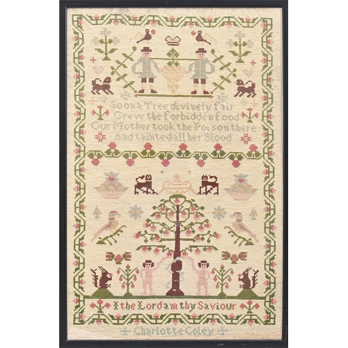 964 - A Victorian wool sampler, Charlotte Coley, worked with Adam and Eve and the Tree of Knowledge, two m... 