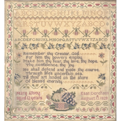 965 - A George IV linen sampler, Mary Elsey aged 12 years East Dereham August 13th 1828, worked with baske... 