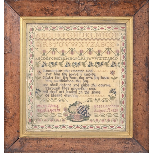 965 - A George IV linen sampler, Mary Elsey aged 12 years East Dereham August 13th 1828, worked with baske... 