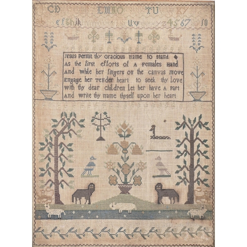 966 - An English linen sampler,  Mary Jordan's work ended August 10 1819, worked with animals, including a... 