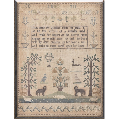 966 - An English linen sampler,  Mary Jordan's work ended August 10 1819, worked with animals, including a... 