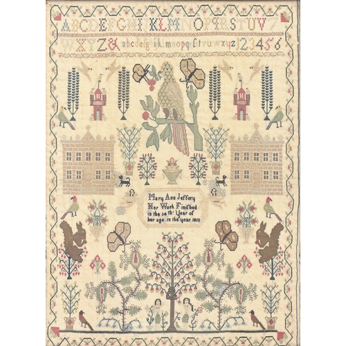 967 - A George III linen sampler, Mary Ann Jeffery her work finished in the 14th year of her age in the ye... 