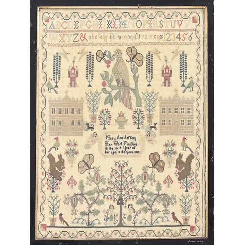 967 - A George III linen sampler, Mary Ann Jeffery her work finished in the 14th year of her age in the ye... 