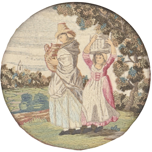 970 - A George III woolwork picture of two girls fetching water, in giltwood and composition frame, 24cm d... 