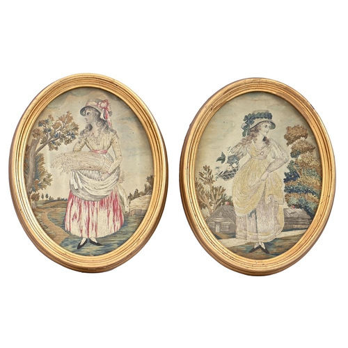 971 - A pair of George III silk needlework pictures of girls carrying fruit, in oval giltwood and composit... 