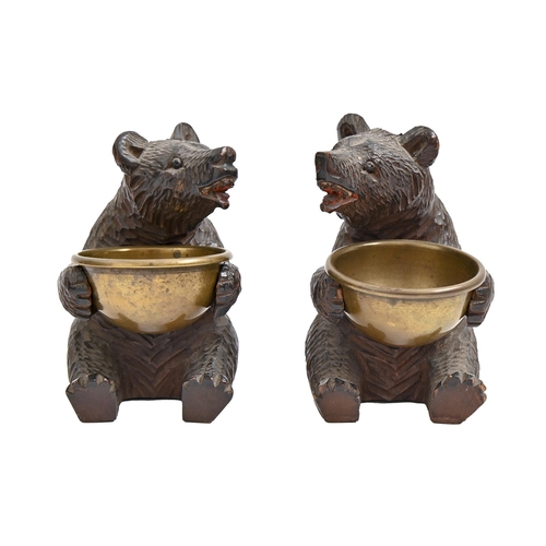 975 - A pair of Swiss limewood and brass bear novelty salt cellars, early 20th c, black bead eyes, 85mm h... 