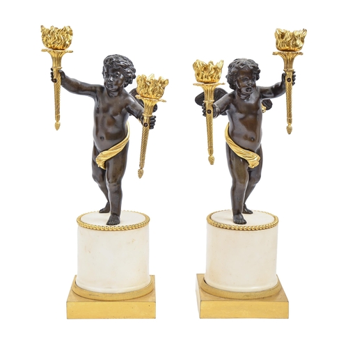 983 - A pair of French bronze and ormolu Putto figural candelabra, late 19th c, after  of Claude Michel, c... 