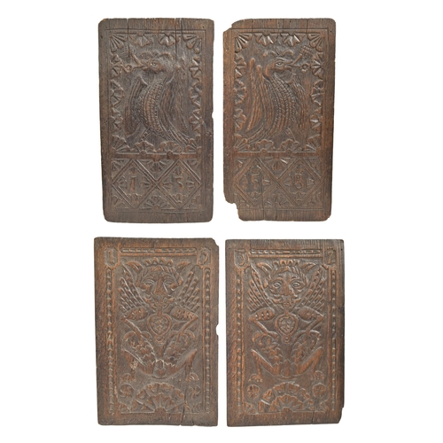 984 - Two pairs of 16th c oak panels, Northern European, dated 1537 and 1558, carved with a winged male gr... 