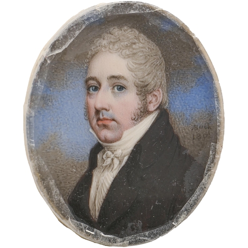 987 - Adam Buck (1759-1833) - Portrait Miniature of a Gentleman, in white stock and dark brown coat, sky b... 