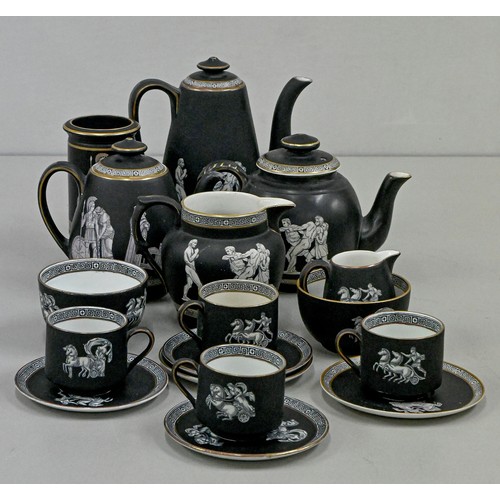 1405 - A group of F & R Pratt and other matching black ground ‘Old Greek’ printed tea ware,... 