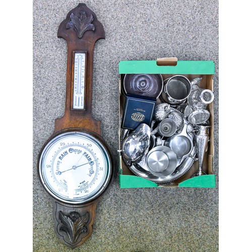 1423 - Miscellaneous plated and other metal ware and an oak aneroid barometer