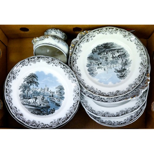 1447 - A Victorian earthenware transfer printed dinner service, decorated with scenes of Windsor Castle... 