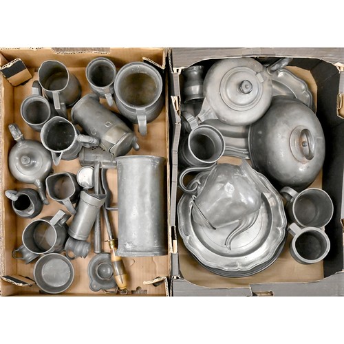 1451 - A quantity of 19th c and later pewter, including teapots, plates and tankards, etc