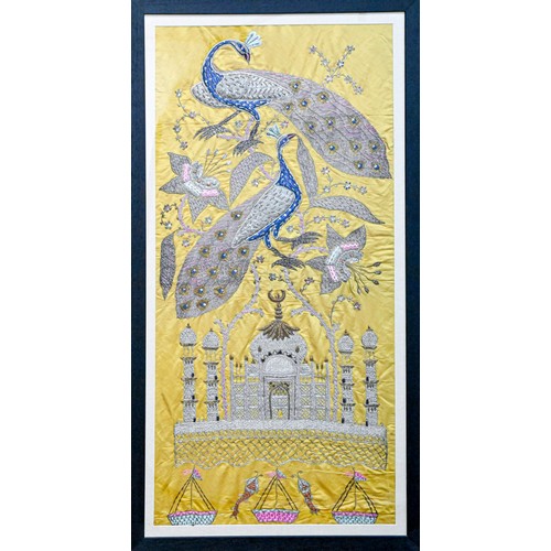 1452 - A pair of Indian silk embroidery and needlework pictures of peacocks, 96 x 47cm