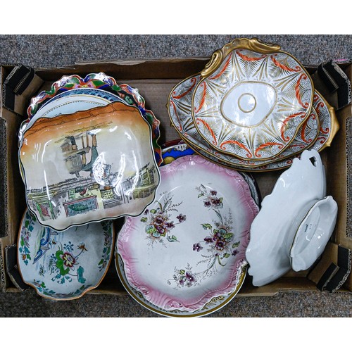 1466 - Miscellaneous 19th c and later ceramics, including a part dessert service, a Doulton Dickens ware pl... 