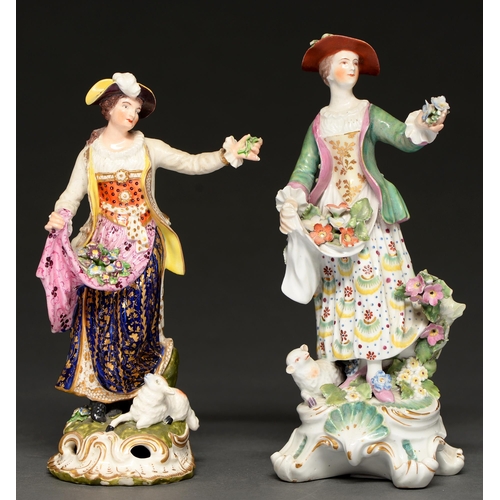 838 - Two Derby figures of Dresden shepherdesses, c1770 and c1830, 23 and 21cm h, patch marks or incised N... 