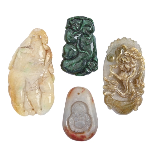 904A - Four Chinese carved jade, agate and other hardstone pendants or plaques, late 20th c, finger citron ... 