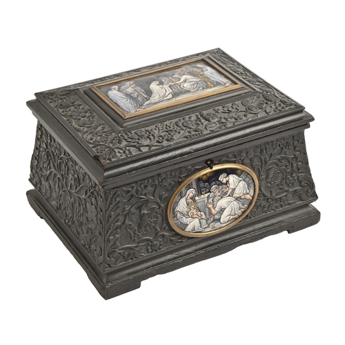 1049 - A French carved and ebonised wood casket set with Limoges enamels, Tahan, Boul. d des Italiens 11, c... 