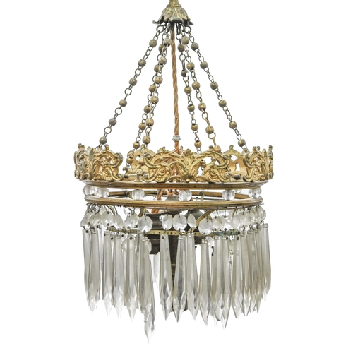 1024 - A giltmetal bag chandelier, early 20th c, with cut glass pendants, 24cm diam and miscellaneous items... 