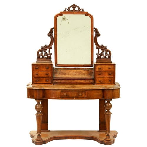 1204 - A Victorian walnut serpentine mirror back dressing table, 172cm h; 120 x 59cm