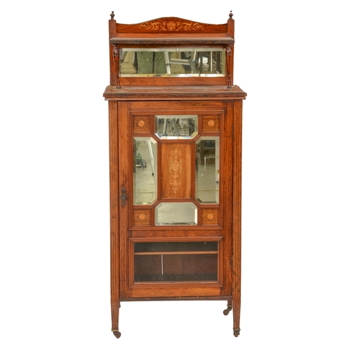 1207 - An Edwardian rosewood and inlaid music cabinet, with mirror inset upstand, the partly glazed panelle... 