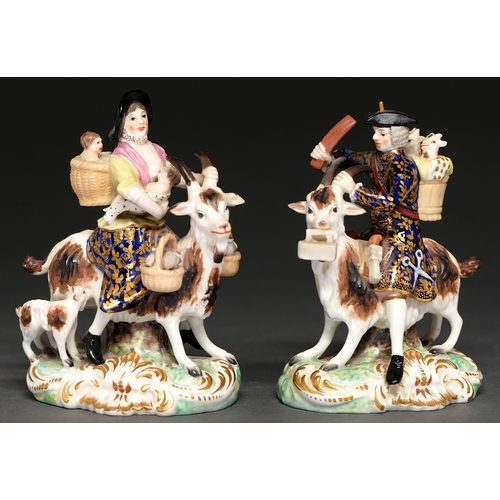 846B - A pair of Sampson Hancock Derby figures of the Welsh Tailor and his Wife, late 19th c, 13cm h, red p... 