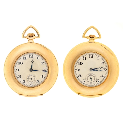 100 - An 18ct gold keyless lever watch and a matching 9ct gold keyless lever watch, 45 and 46mm diam, impo... 