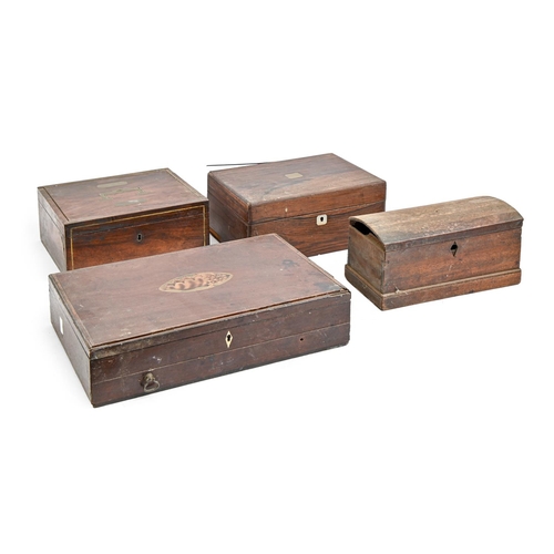 1001 - A George III inlaid mahogany writing box, two Victorian rosewood boxes, one inlaid and a tea caddy, ... 