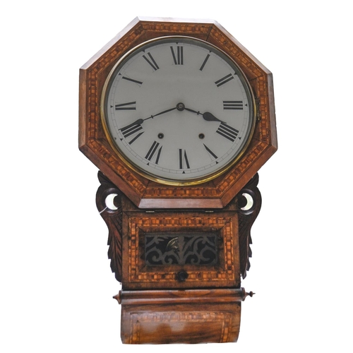 1015 - An octagonal walnut drop case wallclock, late 19thc, inlaid with coloured straw work bands, 69cm h... 