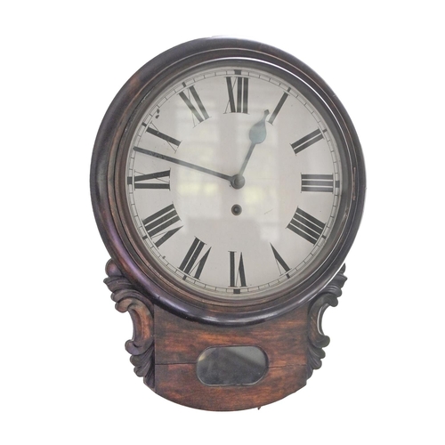 1017 - A stained wood drop case wall timepiece, c1900, with painted dial, pendulum, 49cm h