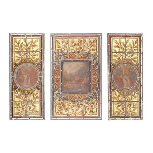 1029 - A set of three Victorian stained glass window or door lights, each painted to the centre with a rive... 