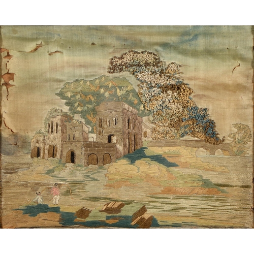 1079 - A George III silk needlework picture, c. 1800, embroidered with picturesque ruins, 21 x 25cm... 