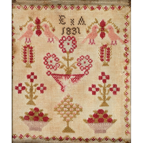 1080 - A William IV linen sampler, E.A., 1831, worked in colour threads with birds, flowers and meandering ... 