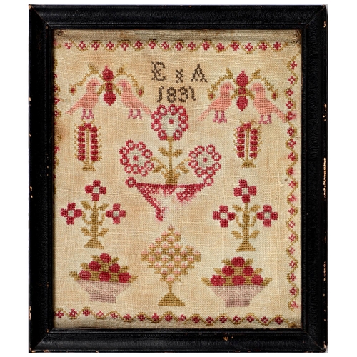 1080 - A William IV linen sampler, E.A., 1831, worked in colour threads with birds, flowers and meandering ... 