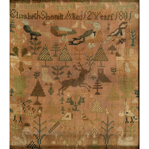 1081 - A George III linen sampler, Elizabeth Shemilt, Aged 12 Years, 1801, worked in coloured threads with ... 