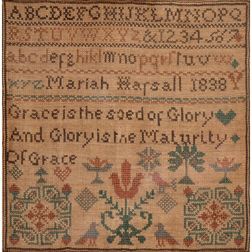 1082 - An early Victorian linen sampler, Mariah Harfall, 1838, worked in colour and monochrome threads with... 