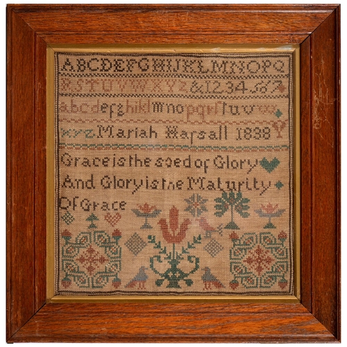 1082 - An early Victorian linen sampler, Mariah Harfall, 1838, worked in colour and monochrome threads with... 