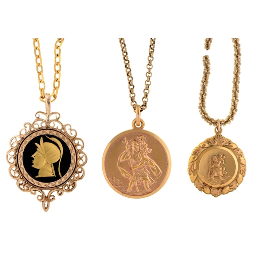 111 - A gold St Christopher pendant and a 9ct gold St Christopher pendant, the first marked 375, 27mm diam... 