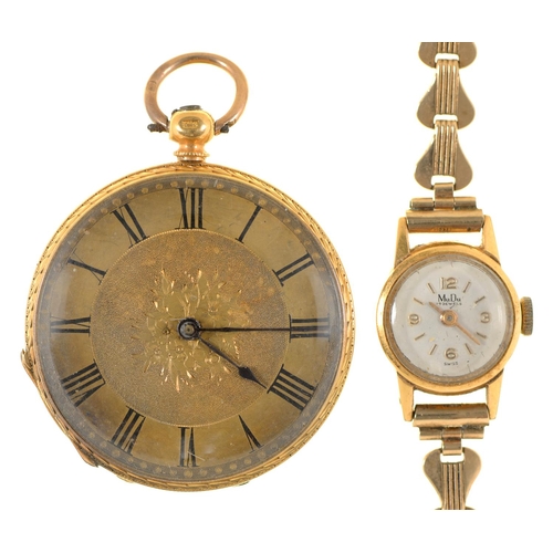 112 - A Swiss gold cylinder lady's watch, late 19th c, with engraved dial, 37mm diam, 34.5g and a Mudu 18c... 