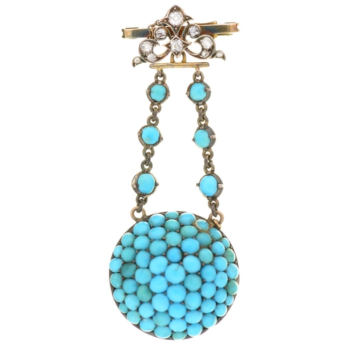 113 - A Victorian turquoise and diamond pendant, in gold, adapted from another article, attached to 9ct go... 