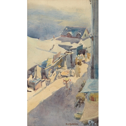 1135 - Nancy Jane Burton RSW (1891-1972) - A Street Market North India, signed, watercolour, 26 x 14cm and ... 