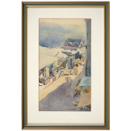 1135 - Nancy Jane Burton RSW (1891-1972) - A Street Market North India, signed, watercolour, 26 x 14cm and ... 