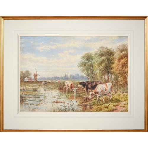 1144 - P J Williams, 19th / 20th c - Landscape with Cattle and a Windmill, signed, watercolour, 44.5 x 63.5... 