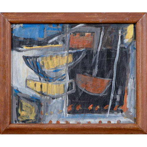 1155 - Circle of Peter Lanyon - Newlyn Boats, inscribed verso, oil on hardboard, 33 x 41cm