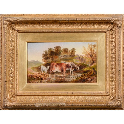 1181 - W Earle, 19th c - Livestock and a Dog at a Stream, signed, oil on canvas laid on panel, 14 x 23.5cm... 