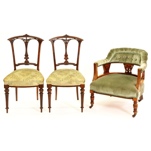 1214 - A Victorian walnut tub chair and a pair of contemporary side chairs