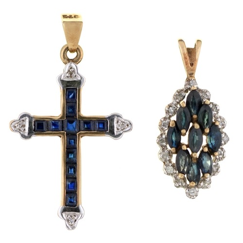 125 - A sapphire  and  diamond cross,  in 9ct gold, 25mm and a similar pendant, 2.8g... 