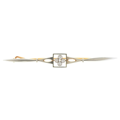 128 - A diamond bar brooch,  in gold with gold pin, 71mm l, indistinctly marked, 6g